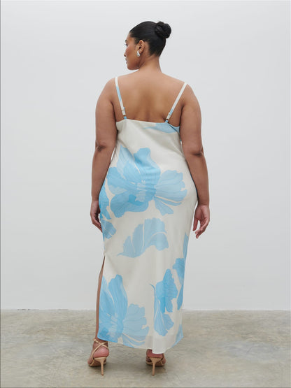 Keisha Ruched Midaxi Dress Curve - Blue and Cream Floral