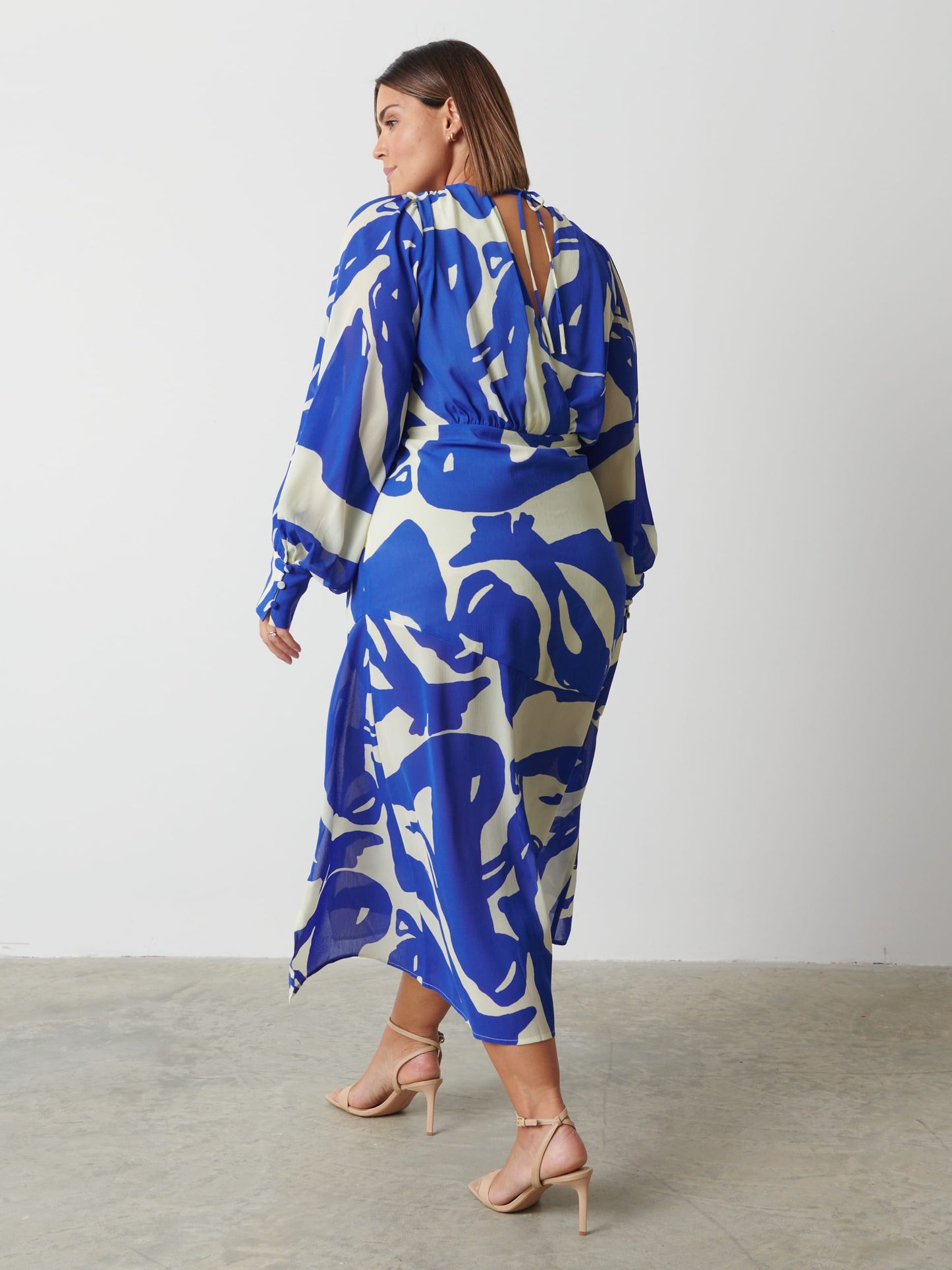 Lilianna Backless Balloon Sleeve Printed Dress - Blue Abstract