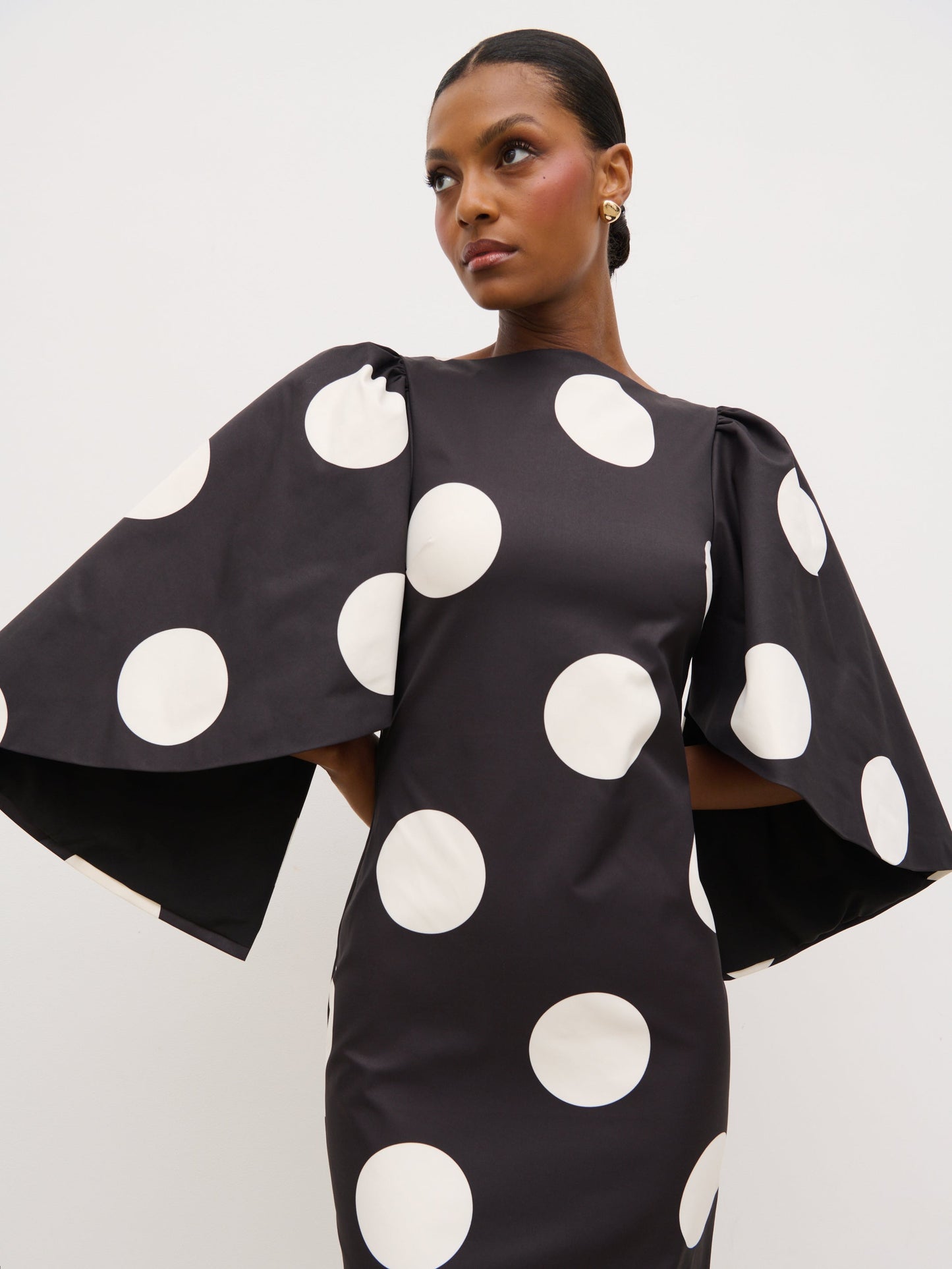 Liora A-Line Midaxi Dress - Black and Cream Polkadot