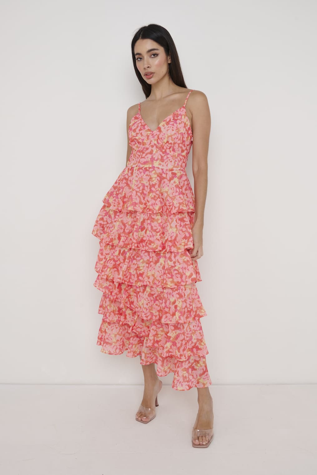Lissy Ruffle Midaxi Dress - Orange and Pink Floral