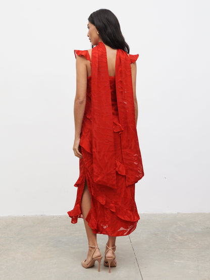 Neima Devore Frill Midaxi Dress - Red
