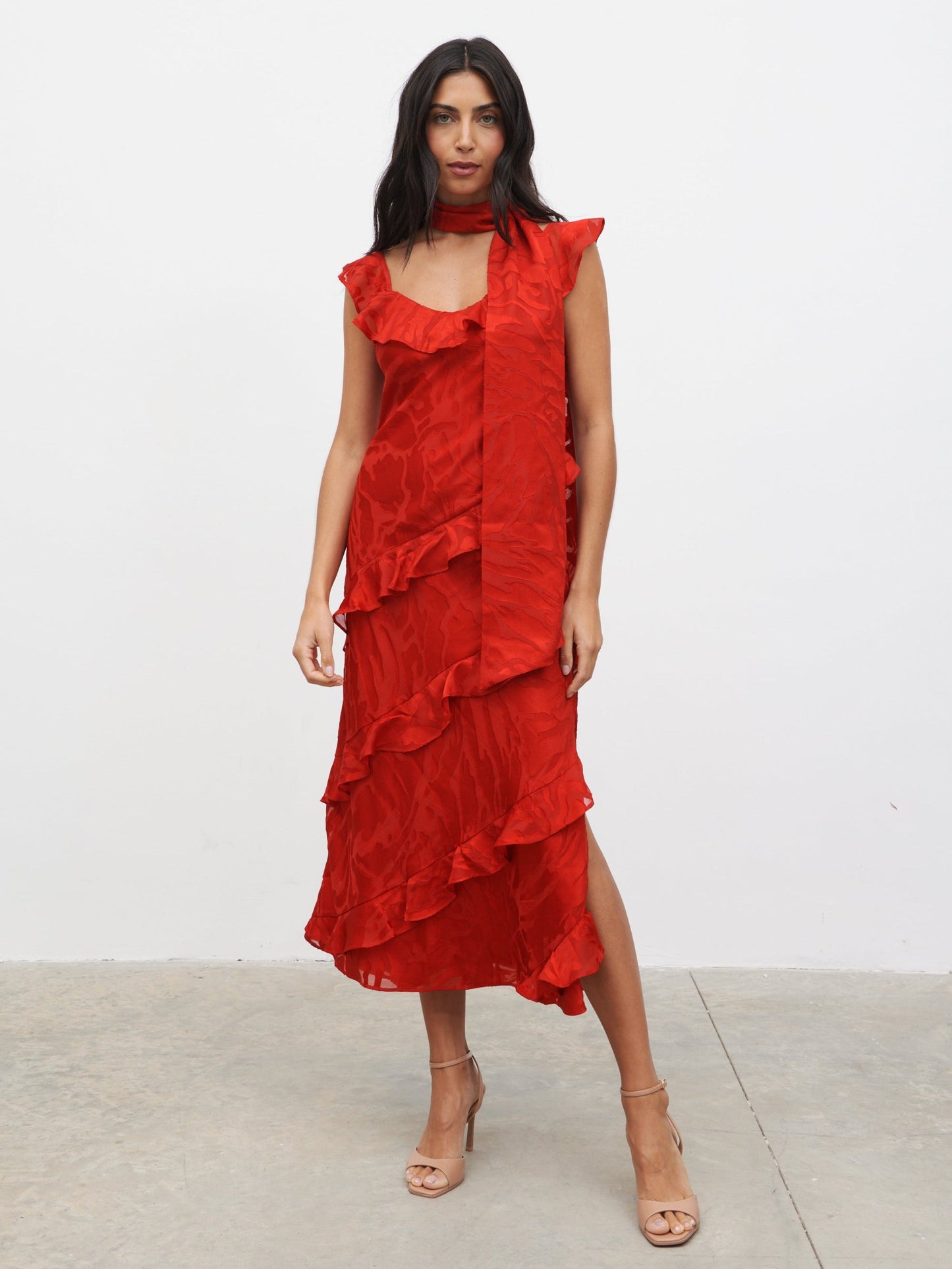 Neima Devore Frill Midaxi Dress - Red
