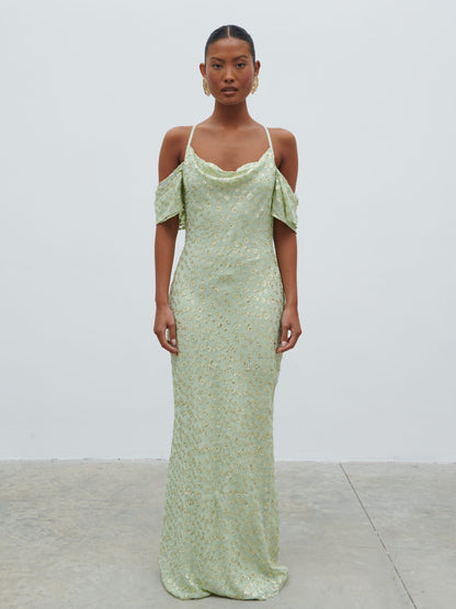 Nia Draped Cold Shoulder Maxi Dress - Pistachio Metallic