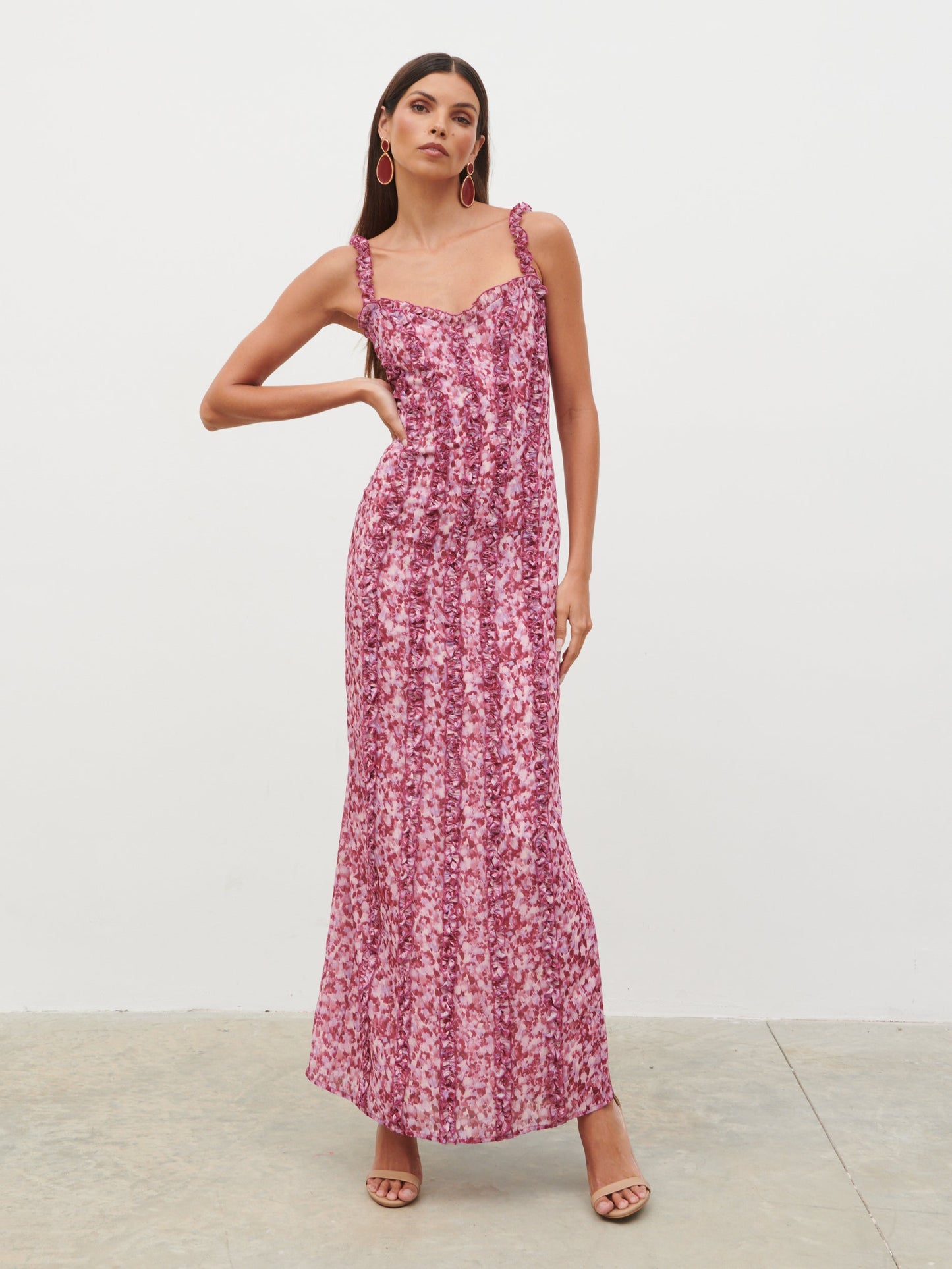 Ola Sweetheart Frill Maxi Dress - Pink and Lilac Abstract