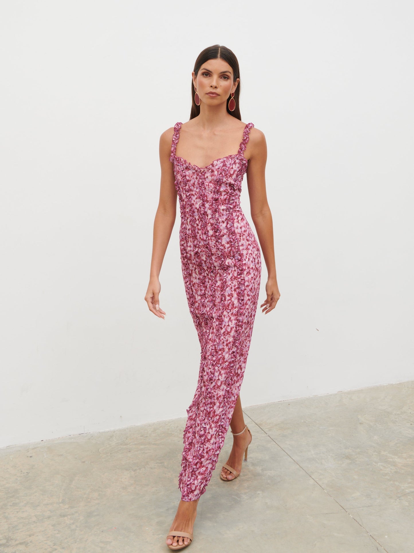 Ola Sweetheart Frill Maxi Dress - Pink and Lilac Abstract