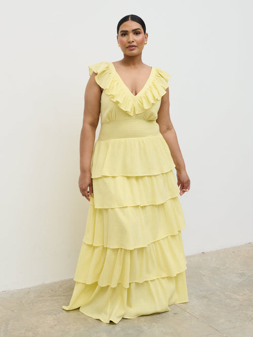 Opal Ruffle Maxi Dress Curve - Lemon
