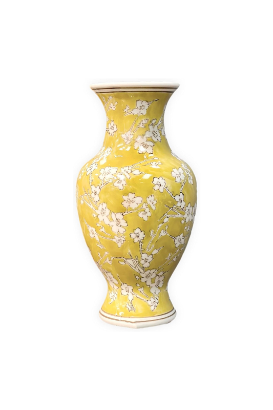 Yellow & White Ceramic Chinoiserie Vase 14"