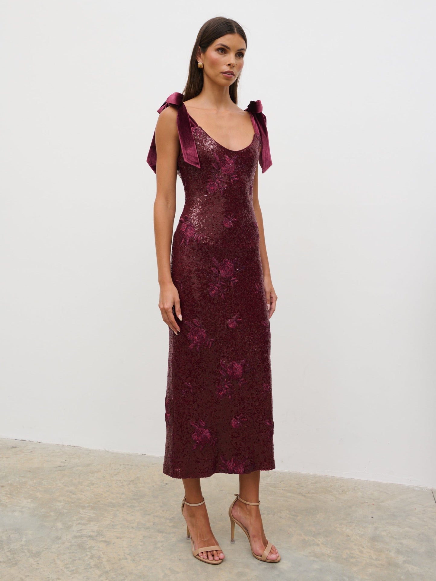Romy Tie Sequin Midaxi Dress - Wine Floral Sequin