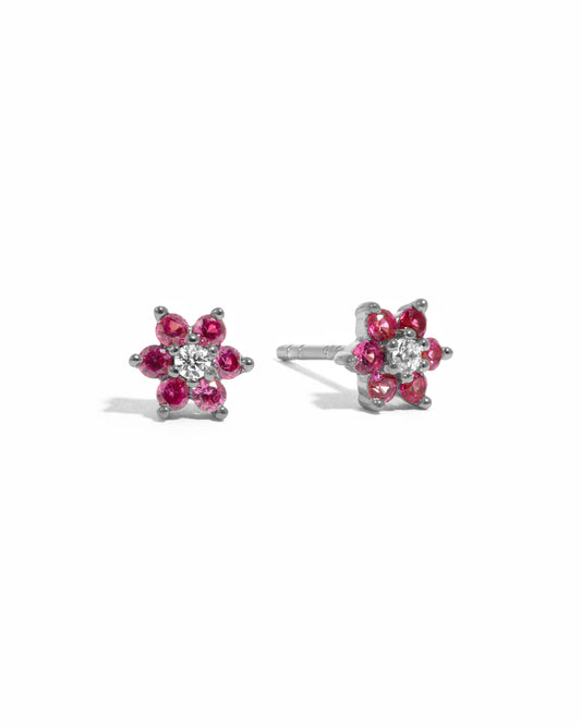 Ruby Flower Stud W/ CZ Center Stone