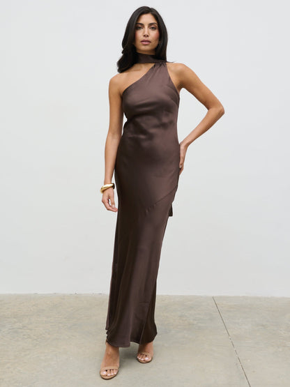 Sheree One Shoulder Sash Maxi Dress - Chocolate Brown