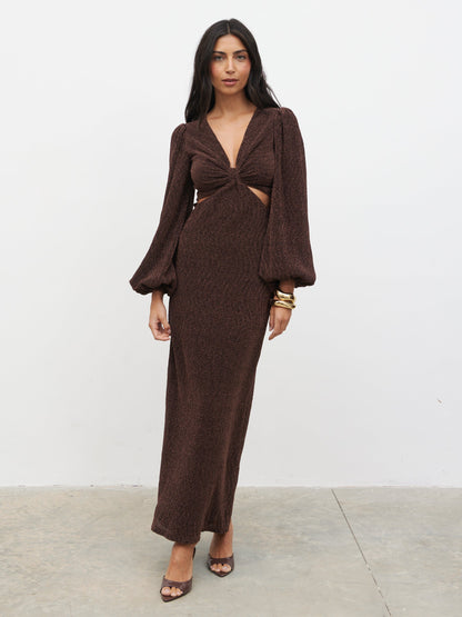 Zaya Lurex Metallic Maxi Dress - Brown