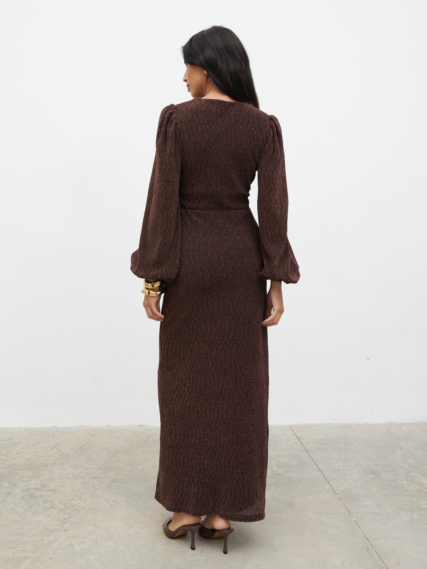 Zaya Lurex Metallic Maxi Dress - Brown