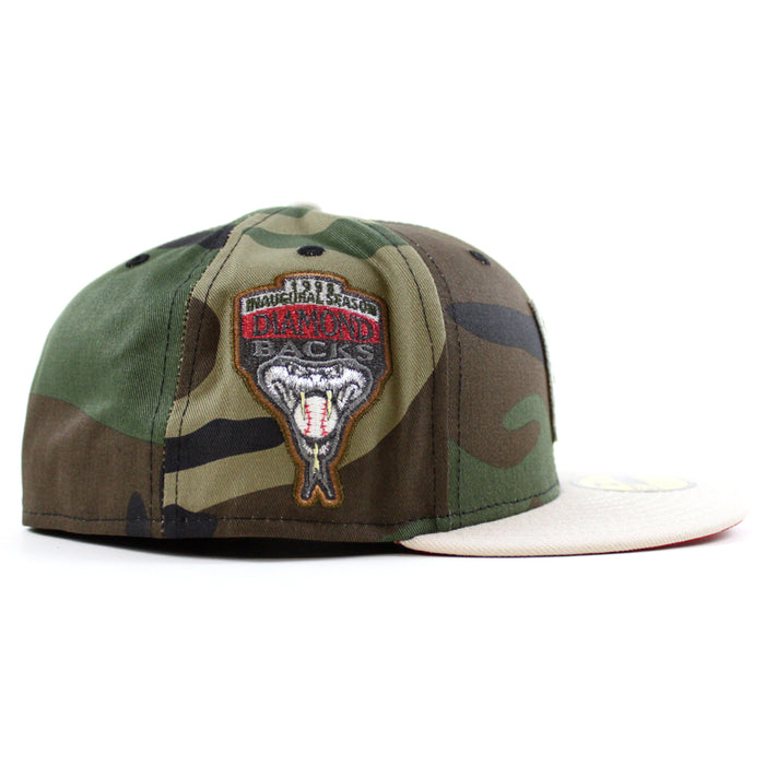 Arizona Diamondbacks 1998 Inaugural Season New Era 59Fifty Fitted Hat (Upside Down WoodLand Camo Stone Scarlet Under Brim)