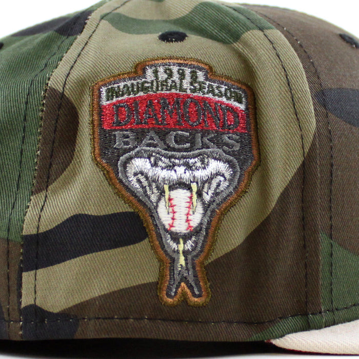 Arizona Diamondbacks 1998 Inaugural Season New Era 59Fifty Fitted Hat (Upside Down WoodLand Camo Stone Scarlet Under Brim)