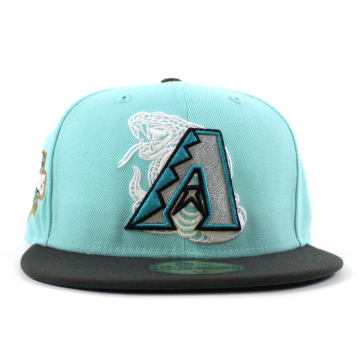 Arizona Diamondbacks 2001 WORLD CHAMPIONS 20TH ANNIVERSARY New Era 59Fifty Fitted Hat (Glow in the Dark Tint Pewter Dark Green Under Brim)
