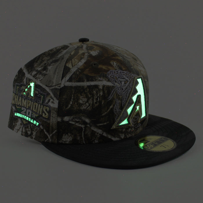 Arizona Diamondbacks 20th Anniversary New Era 59Fifty Fitted Hat (Glow in the Dark Real Tree Camo Tonal Black Green Under Brim)