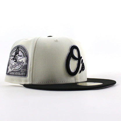 Baltimore Orioles 30th Anniversary 59Fifty New Era Fitted Hat (Chrome White, Black Gray Under Brim)