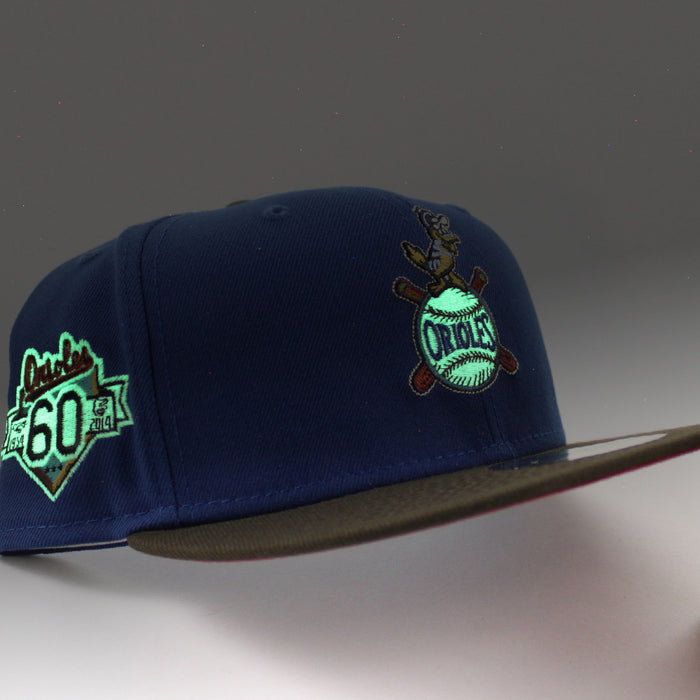 Baltimore Orioles 60th Anniversary 59Fifty New Era Fitted Hat (Glow in the Dark SONGBIRD BLUE WALNUT PINOT RED Under Brim)