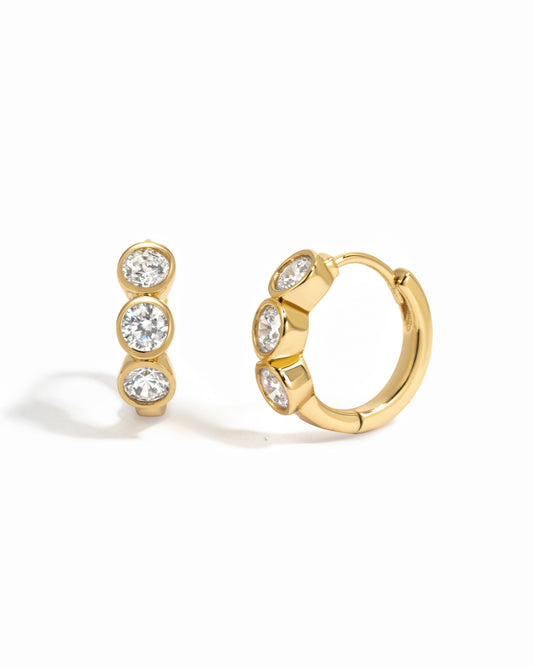 Bezel 3 Stone Huggie Hoop Earrings