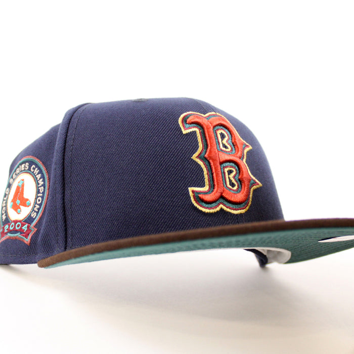 Boston Red Sox 2004 World Series Champion New Era 59Fifty Fitted Hat (Navy Burnt Wood Pine Green Under Brim)