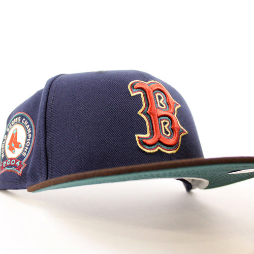 Boston Red Sox 2004 World Series Champion New Era 59Fifty Fitted Hat (Navy Burnt Wood Pine Green Under Brim)