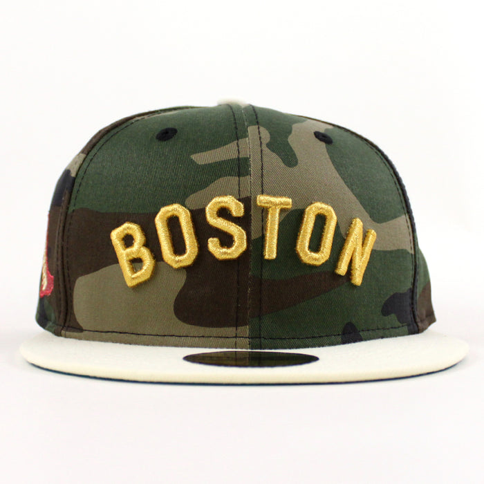 Boston Red Sox Red Sock Patch New Era 59Fifty Fitted Hat (Woodland Camo Chrome White Green Under Brim)