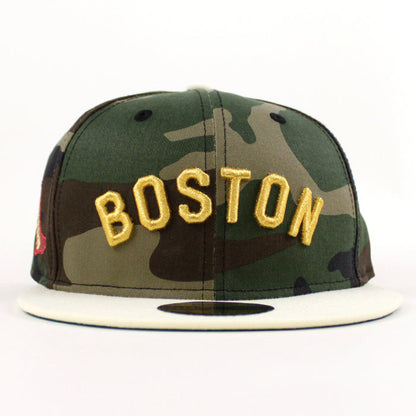 Boston Red Sox Red Sock Patch New Era 59Fifty Fitted Hat (Woodland Camo Chrome White Green Under Brim)