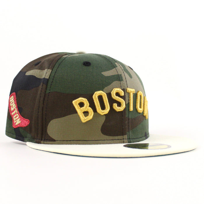 Boston Red Sox Red Sock Patch New Era 59Fifty Fitted Hat (Woodland Camo Chrome White Green Under Brim)