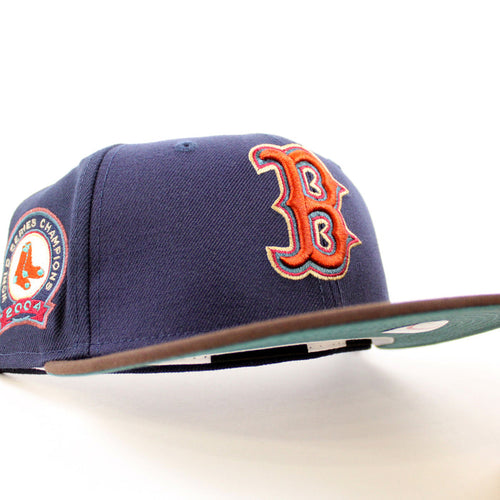 Boston Redsox WORLD SERIES CHAMPIONS 2004 New Era 59Fifty Fitted Hat (NAVY BURNT WOOD PINE NEEDLE GREEN Under Brim)