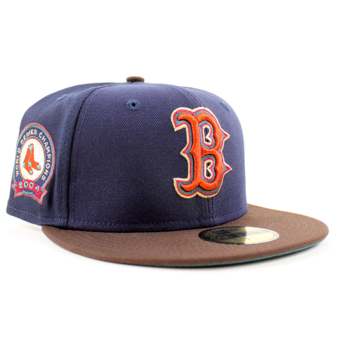 Boston Redsox WORLD SERIES CHAMPIONS 2004 New Era 59Fifty Fitted Hat (NAVY BURNT WOOD PINE NEEDLE GREEN Under Brim)