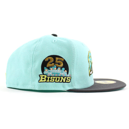 Buffalo Bisons 25TH ANNIVERSARY New Era 59Fifty Fitted Hat (Glow in the Dark BLUE TINT DK GRAPHITE TEAL BREEZE Under Brim)