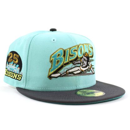 Buffalo Bisons 25TH ANNIVERSARY New Era 59Fifty Fitted Hat (Glow in the Dark BLUE TINT DK GRAPHITE TEAL BREEZE Under Brim)