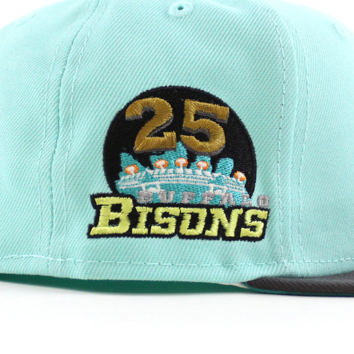 Buffalo Bisons 25TH ANNIVERSARY New Era 59Fifty Fitted Hat (Glow in the Dark BLUE TINT DK GRAPHITE TEAL BREEZE Under Brim)