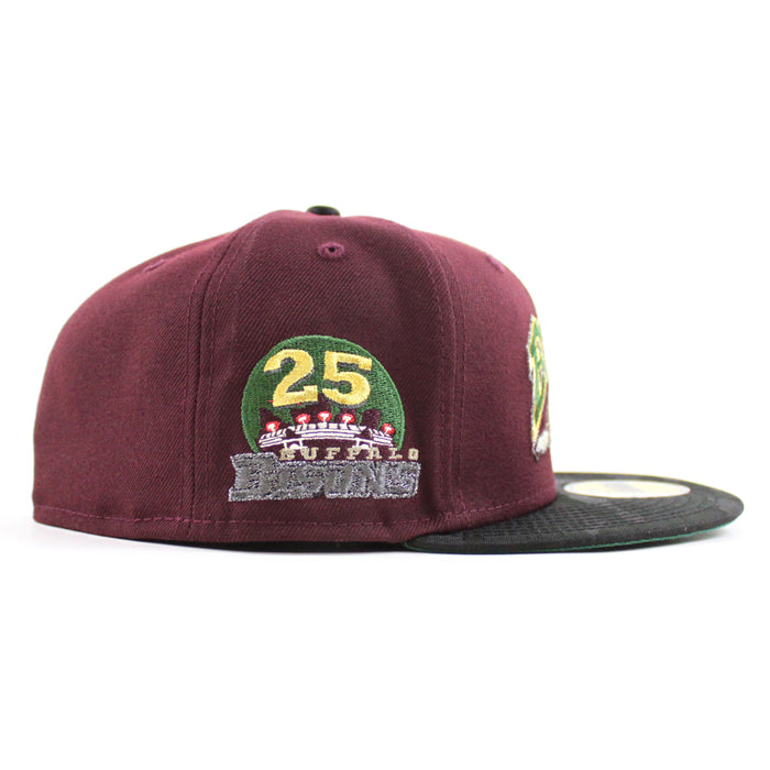 Buffalo Bisons 25th Bison patch New Era 59Fifty Fitted Hat (MAROON BLACK CAMO Green Under Brim)