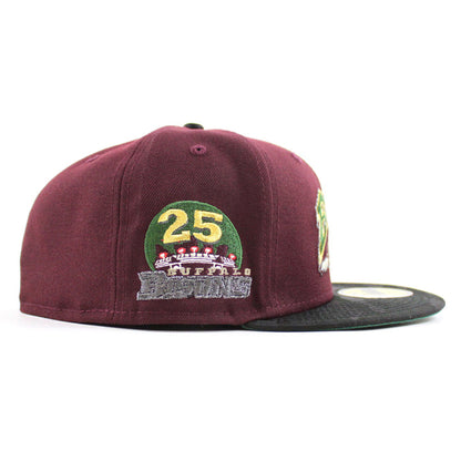 Buffalo Bisons 25th Bison patch New Era 59Fifty Fitted Hat (MAROON BLACK CAMO Green Under Brim)