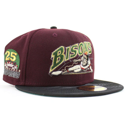 Buffalo Bisons 25th Bison patch New Era 59Fifty Fitted Hat (MAROON BLACK CAMO Green Under Brim)