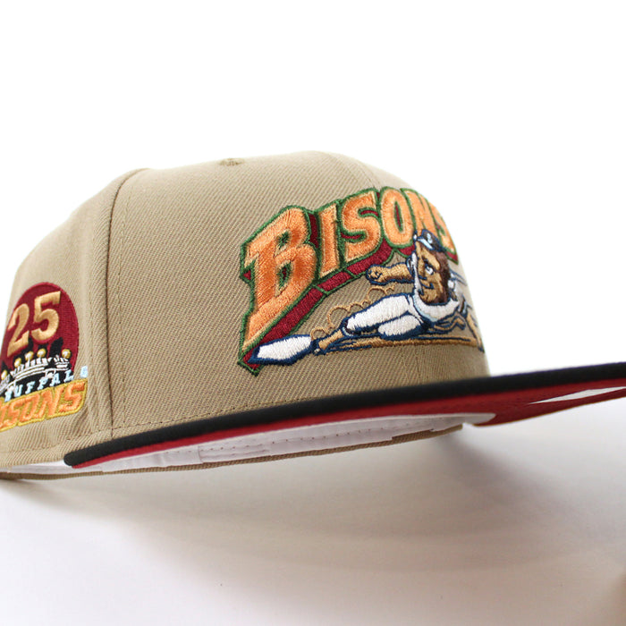 BUFFALO BISONS BISONS 25 Patch New Era 59Fifty Fitted Hat (CAMEL BLACK PINOT RED Under Brim)
