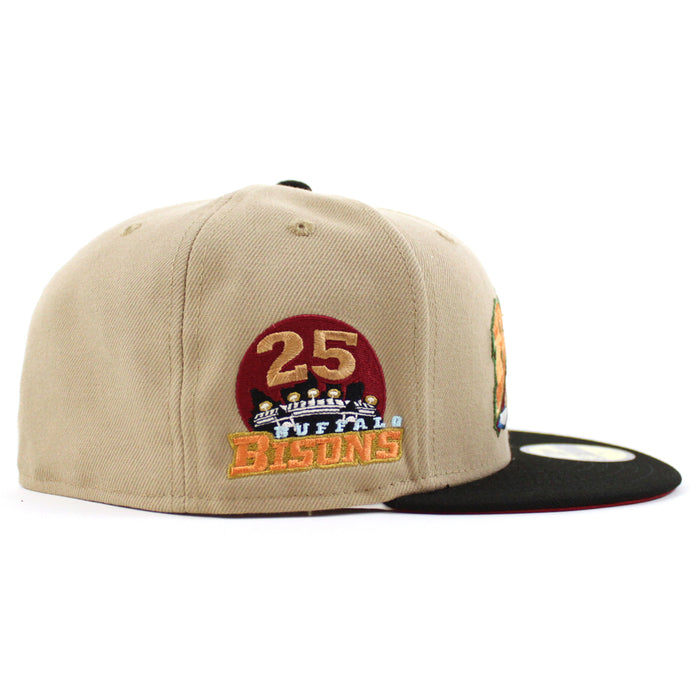 BUFFALO BISONS BISONS 25 Patch New Era 59Fifty Fitted Hat (CAMEL BLACK PINOT RED Under Brim)