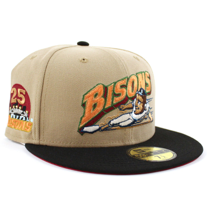 BUFFALO BISONS BISONS 25 Patch New Era 59Fifty Fitted Hat (CAMEL BLACK PINOT RED Under Brim)