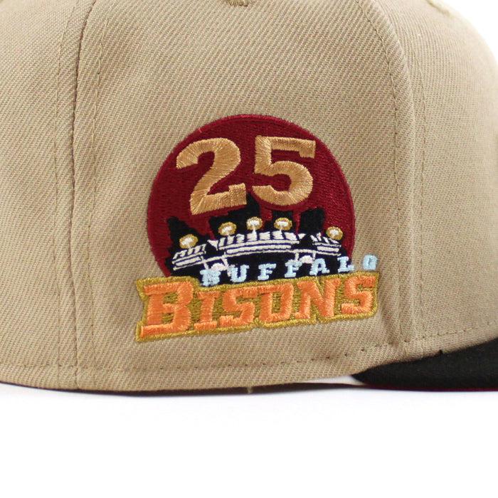 BUFFALO BISONS BISONS 25 Patch New Era 59Fifty Fitted Hat (CAMEL BLACK PINOT RED Under Brim)