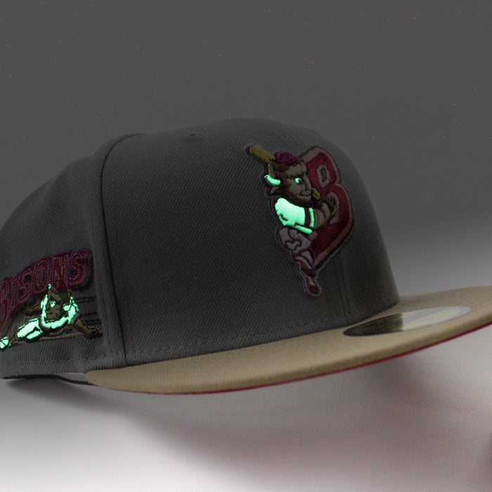BUFFALO BISONS BISONS Patch New Era 59Fifty Fitted Hat (GITD MISTY MORNING KHAKI PINOT RED Under Brim)