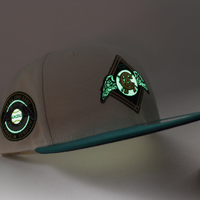 California Angels 67All Star Game New Era 59Fifty Fitted Hat (Glow in the Dark Chrome North West Green Maroon UNDER BRIM)