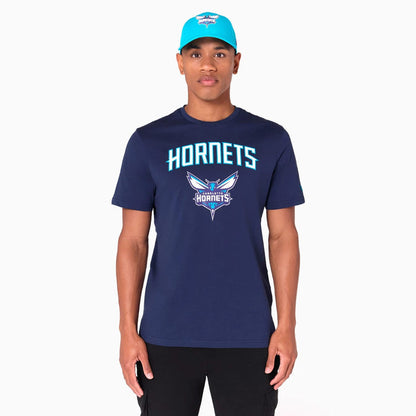 The Male model is wearing Charlotte Hornets NBA Navy T-Shirt 1