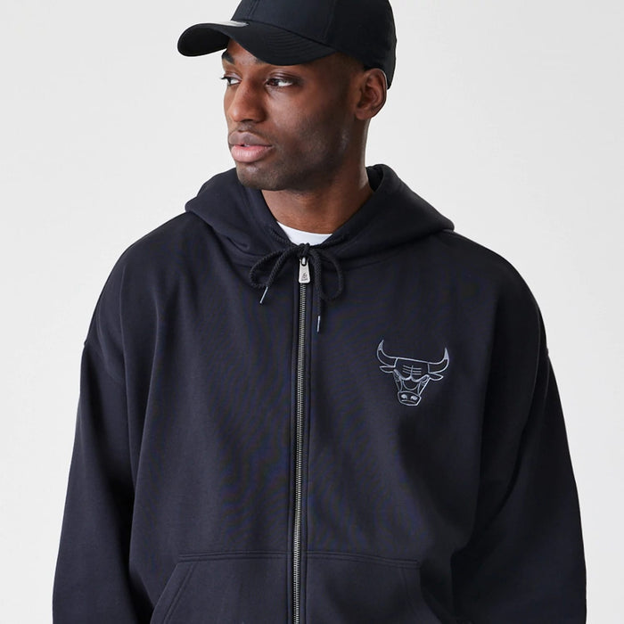 The Male model is wearing Chicago Bulls NBA Linear Black Oversized Full Zip Hoodie 6