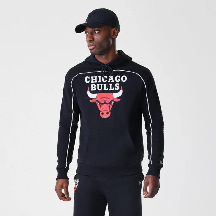 The Male model is wearing Chicago Bulls NBA Piping Black Oversized Pullover Hoodie 7