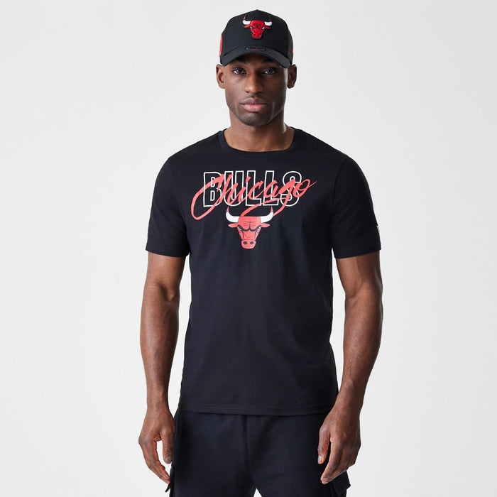 The Male model is wearing Chicago Bulls NBA Script Black T-Shirt 1