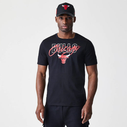 The Male model is wearing Chicago Bulls NBA Script Black T-Shirt 1