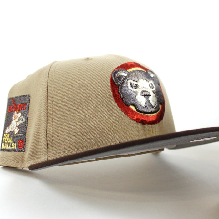 Chicago Cubs Be Alert For Foul Balls New Era 59Fifty Fitted Hat (Camel Burnt Wood Storm Gray Under Brim)