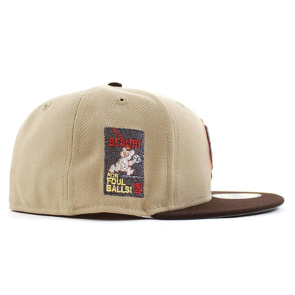 Chicago Cubs Be Alert For Foul Balls New Era 59Fifty Fitted Hat (Camel Burnt Wood Storm Gray Under Brim)