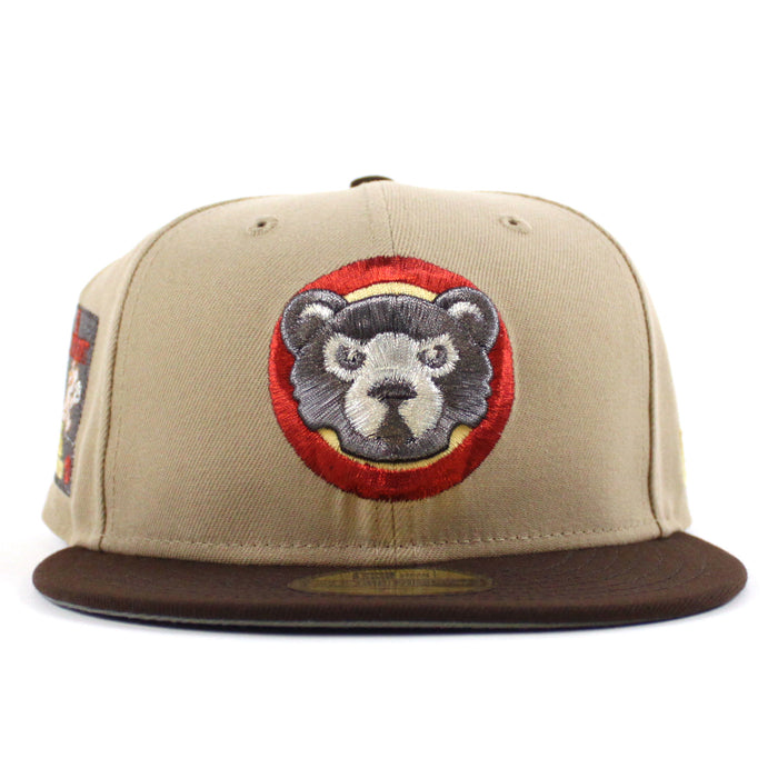 Chicago Cubs Be Alert For Foul Balls New Era 59Fifty Fitted Hat (Camel Burnt Wood Storm Gray Under Brim)